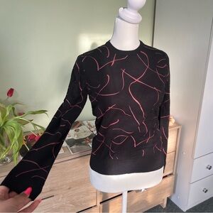 Black & Pink Graphic Swirly Ribbon Pattern Crewneck Long-Sleeve Sweater Sz XS